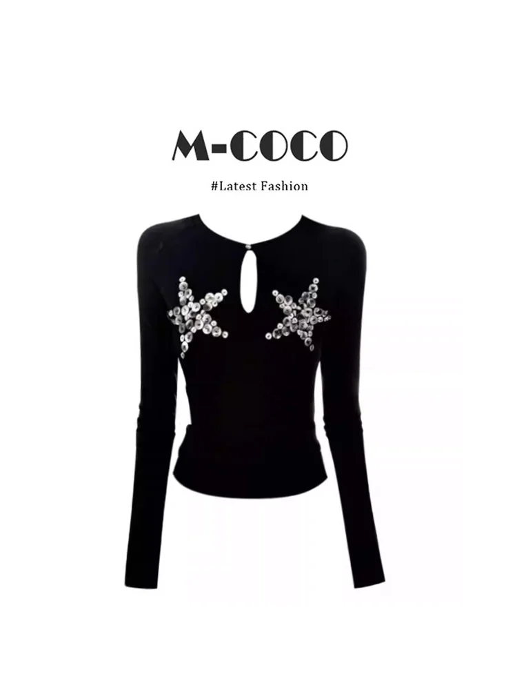 Elegant Black Long Sleeve T-Shirt Women's Design Starry Sea Sequins Top Spring 2026 Fashion Trend Unique Personality Casual Wear
