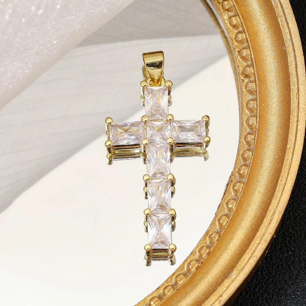 Juya DIY Religious Pendant Supply Handmade 18K Plated Cubic Zirconia Cross Charms For Women Men Prayer Christian Jewelry Making