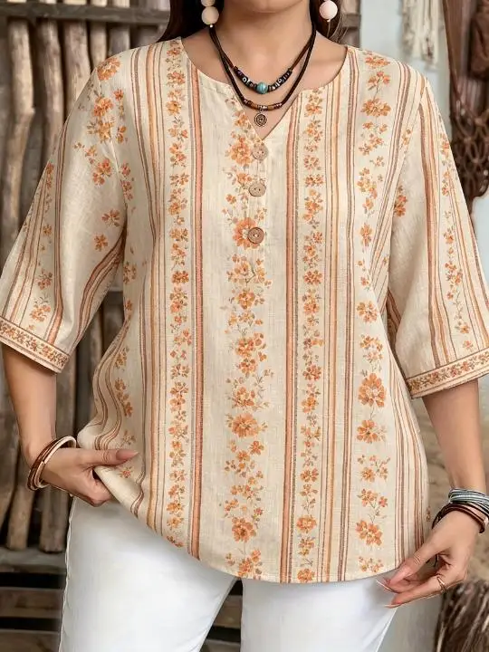Women Vertical Stripe Floral Combined Print Blouse Notched Neck 3/4 Sleeve Loose Fit For Curvy Figures Daily Casual Tops