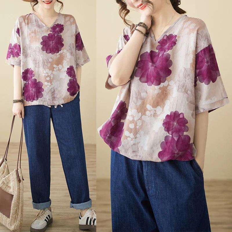 

Loose Cotton Linen T-Shirt Women's Lazy Style Large Size Summer New Drawstring Print Base Shirt V-Neck Short Sleeve Breathable