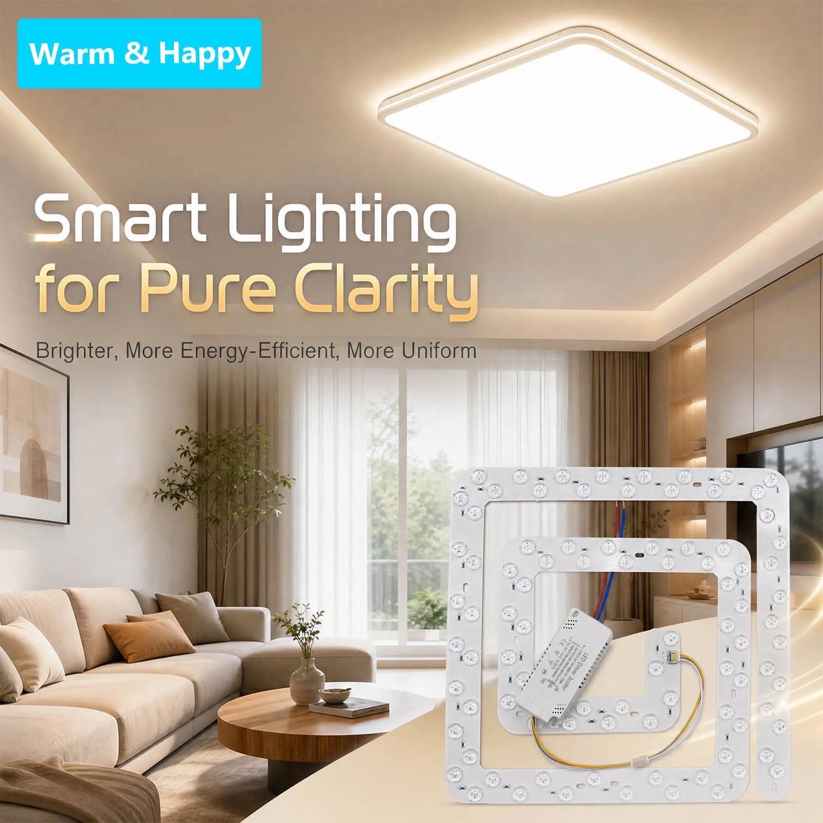 150W Ultra Bright Square LED Panel Modification Kit, Easy to Install Ceiling Light Tri Color Light Source Replacement