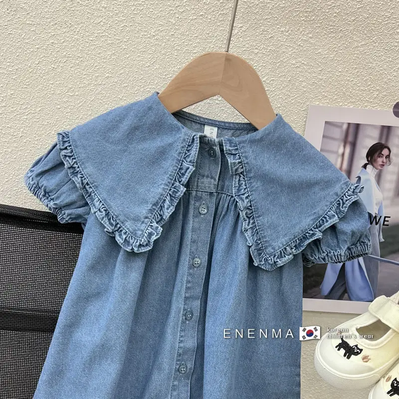 Vestito per bambini vestito estivo da ragazza alla moda con maniche a bolle vestito in Denim a maniche corte in cotone per bambini vestito da