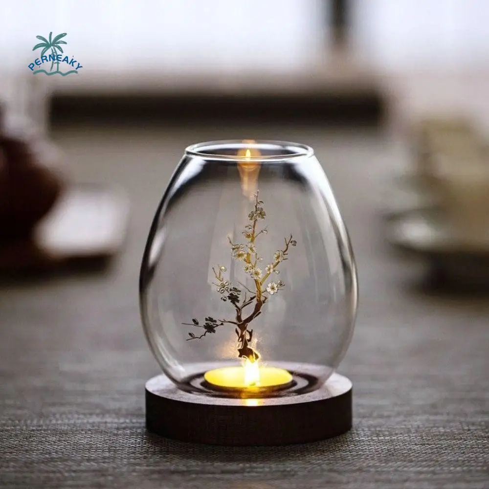 

Glass Candlesticks with Cup Cover Round with Wood Base Candle Holders Home Decor Transparent Table Decoration Ornaments Home