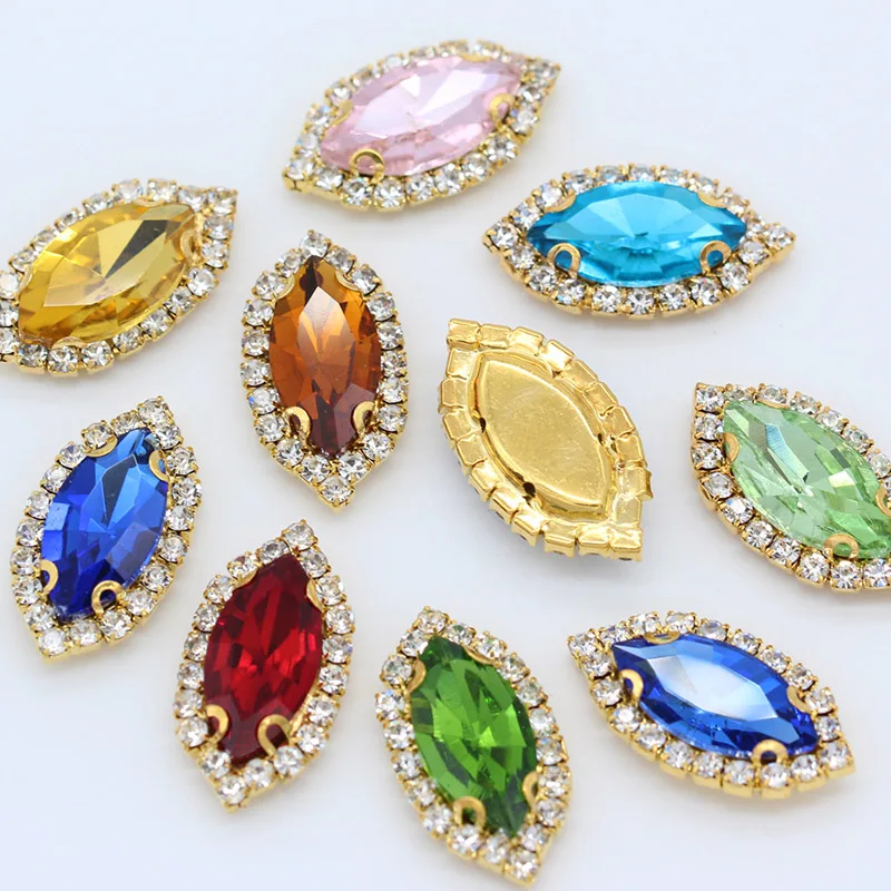 6p 9x18mm navette color costume Dress stone sewing on crystal glass rhinestone applique Gold base buckle for Clothes Dress Craft