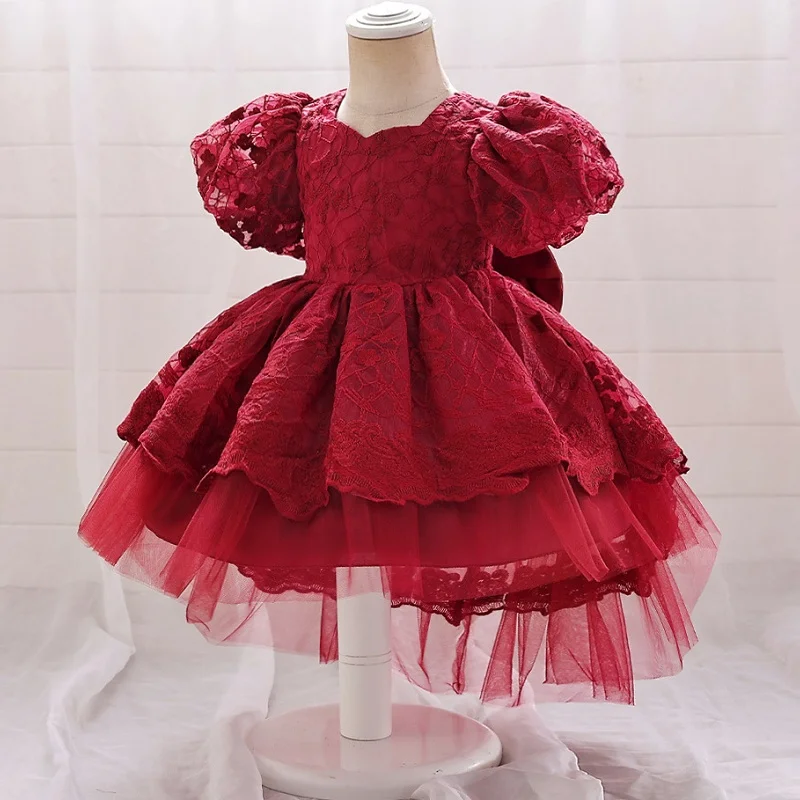 Girls' New Bow Princess Dress Baby Bubble Sleeve Fluffy Dress One Year Banquet Flower Girls' Performance Dress