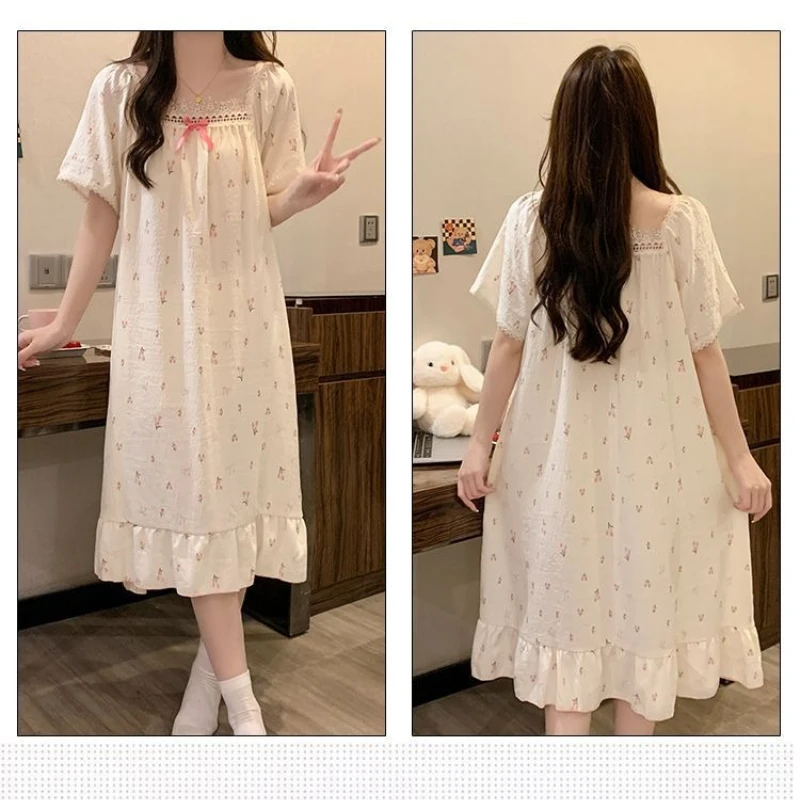 Plus Size Princess Style NIghtgown Summer Short Sleeve Pajamas Dress Korean Floral Cloud Cotton Loose Loungewear Home Clothes view 5
