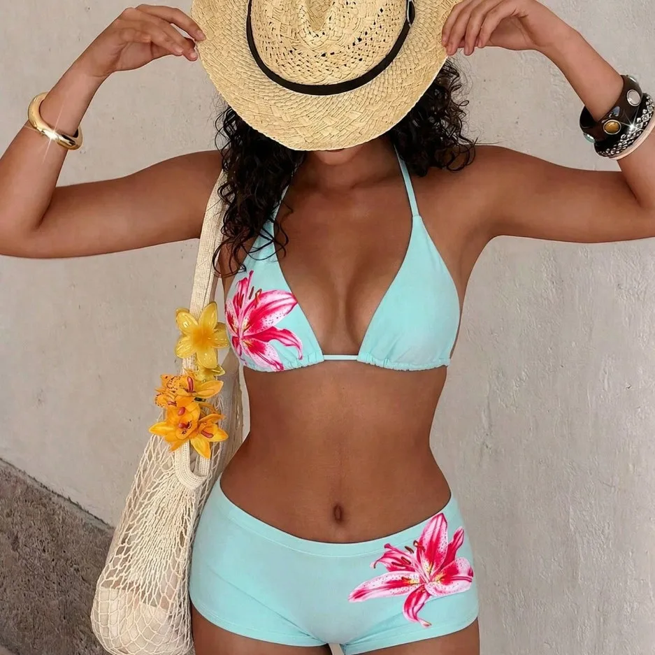 2 Piece Floral Swim Outfit Women Bathing Suits Hibiscus Lily Print Halter Bikinis Set High Waist Boy Short Swim Bottom Beach