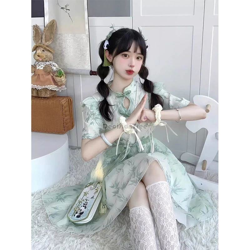 

2024 chinese style fashion design sense qipao dress chic temperament bamboo printing dress sweet cute girl daily outdoor qipao