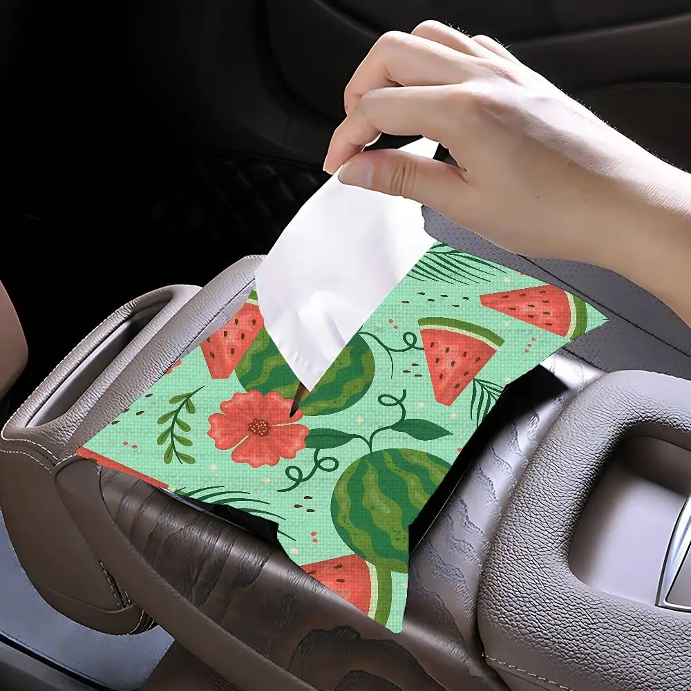 Summer Cartoon Watermelon Premium Linen Car Tissue Box Holder Hanging Napkin Case Auto Interior Accessories Universal Fit