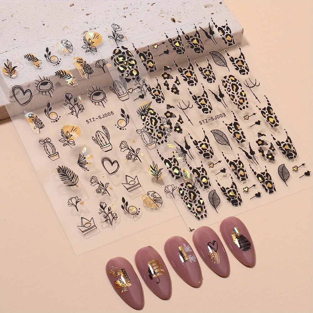 1PC adesivi geometria astratta per unghie laser 3D foglie nere dorate linea cuore cursori adesivi decorazione decalcomania olografica