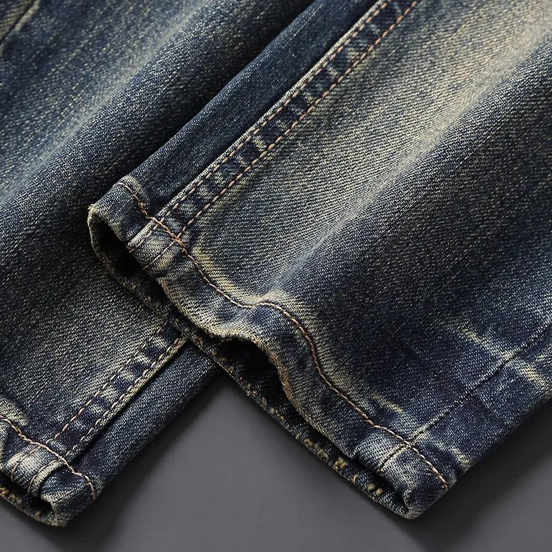 Y2K Fashion New Jeans Scratch Washed Nostalgic Stretch Slim Fit Retro Blue Men's Jeans High Quality Retro Straight Embroide
