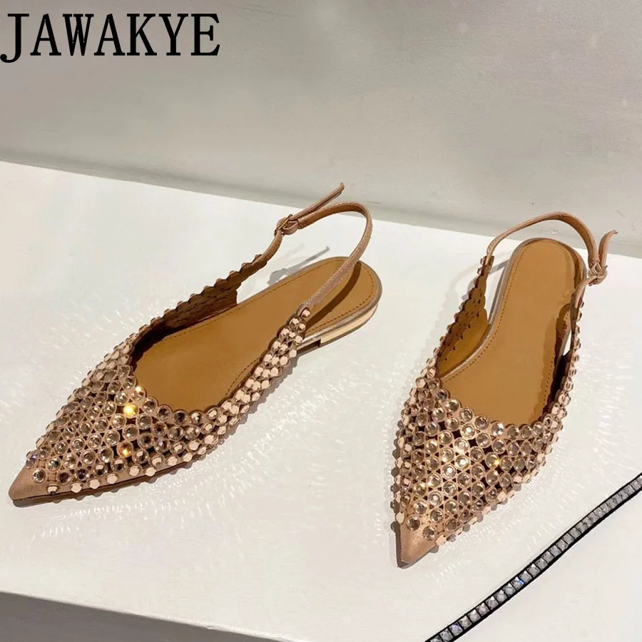 Summer Women Low Heels Luxury Sandals Pointy Toe Ladies Mules Hollow Out Bling Crystal Flats Shoes Slides Women\'s Party Shoes