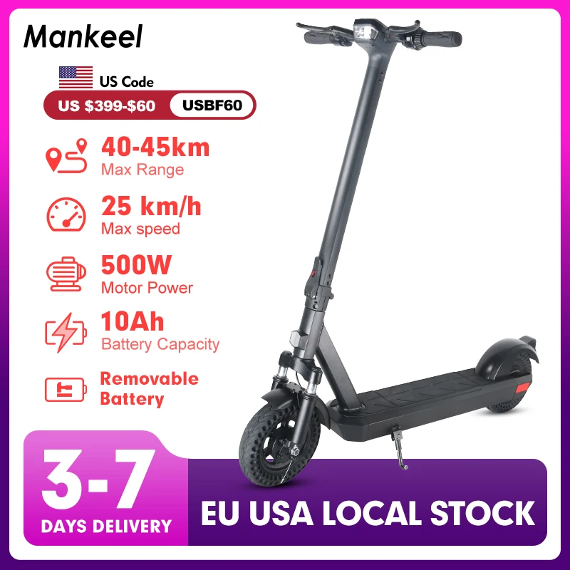 Mankeel MK089 48V 800W Electric Scooter 15.6MPH 28 Miles 10.4Ah Removable Battery 10