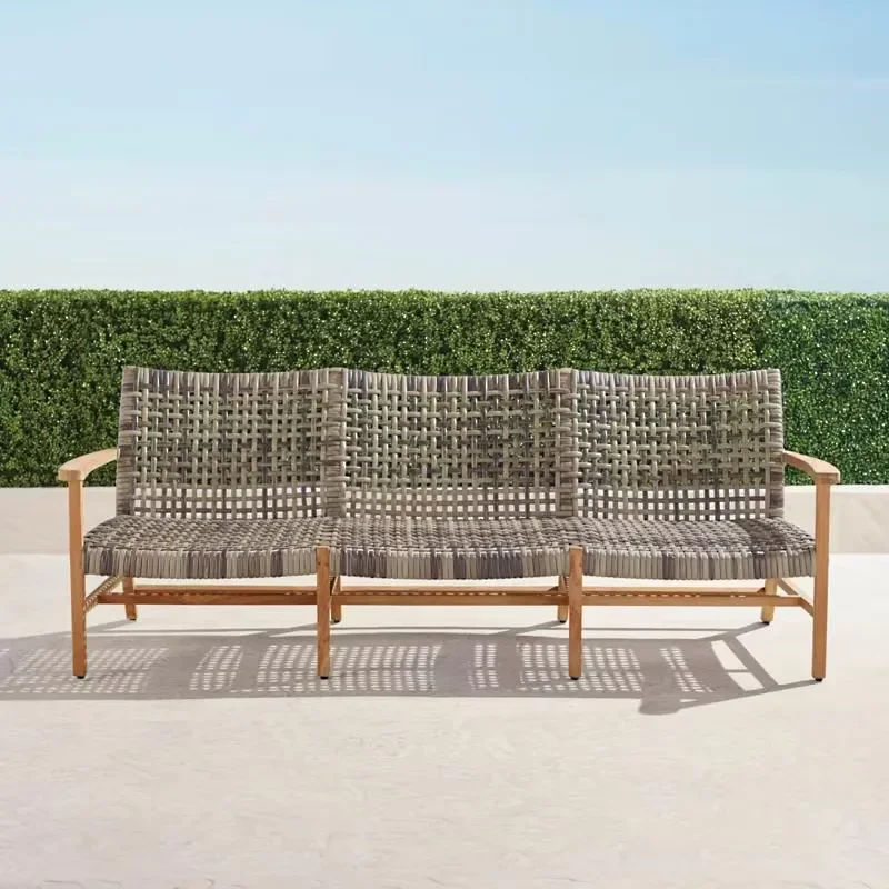 Outdoor Patio Rattan Weaving Furniture 3 Seat Garden Solid Wooden Teak Sofa