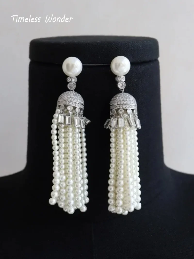 

Timeless Wonder Fancy Zircon glass pearl Tassel Stud Earrings for Women Designer Jewelry Gift Brincos Trendy Top Rare Gift 3287