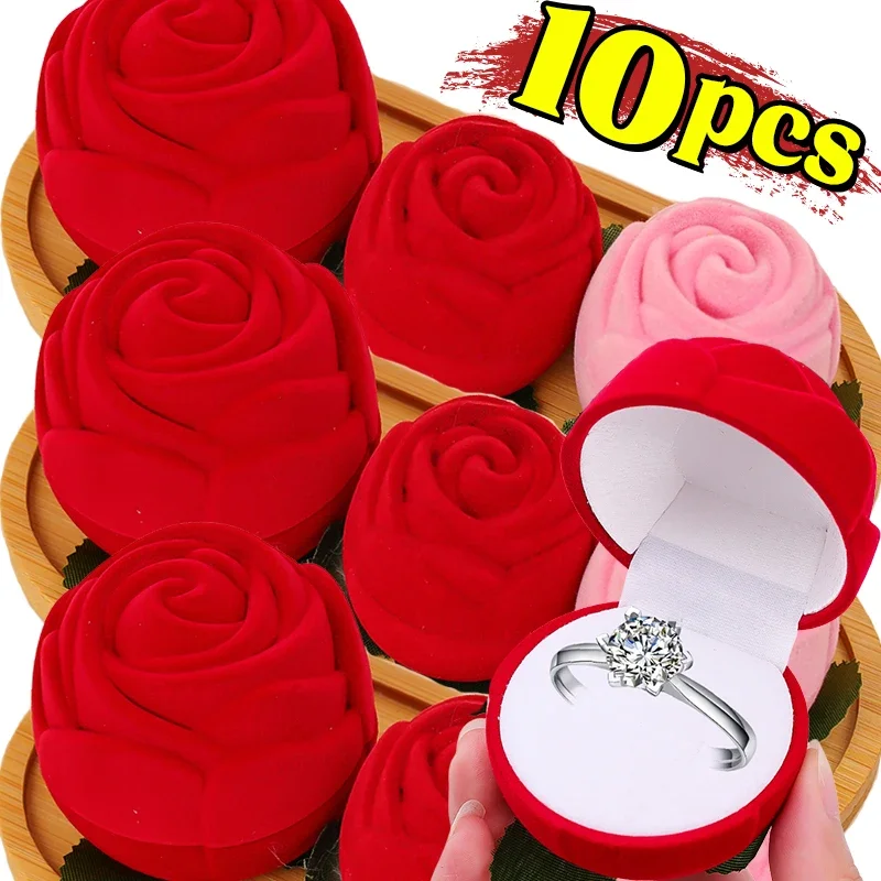 1/10pcs Flocked Rose Ring Box Long Root Rose Earring Ring Storage Box High-end Gift Box Engagement Ring Storage Boxes