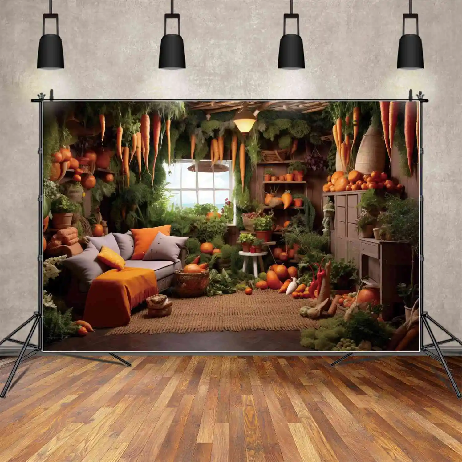 MOON.QG Backdrop Thanksgiving Cabin Living Room Sofa Photography Background Children Party Carrot Pumpkin Decoration Photo Booth