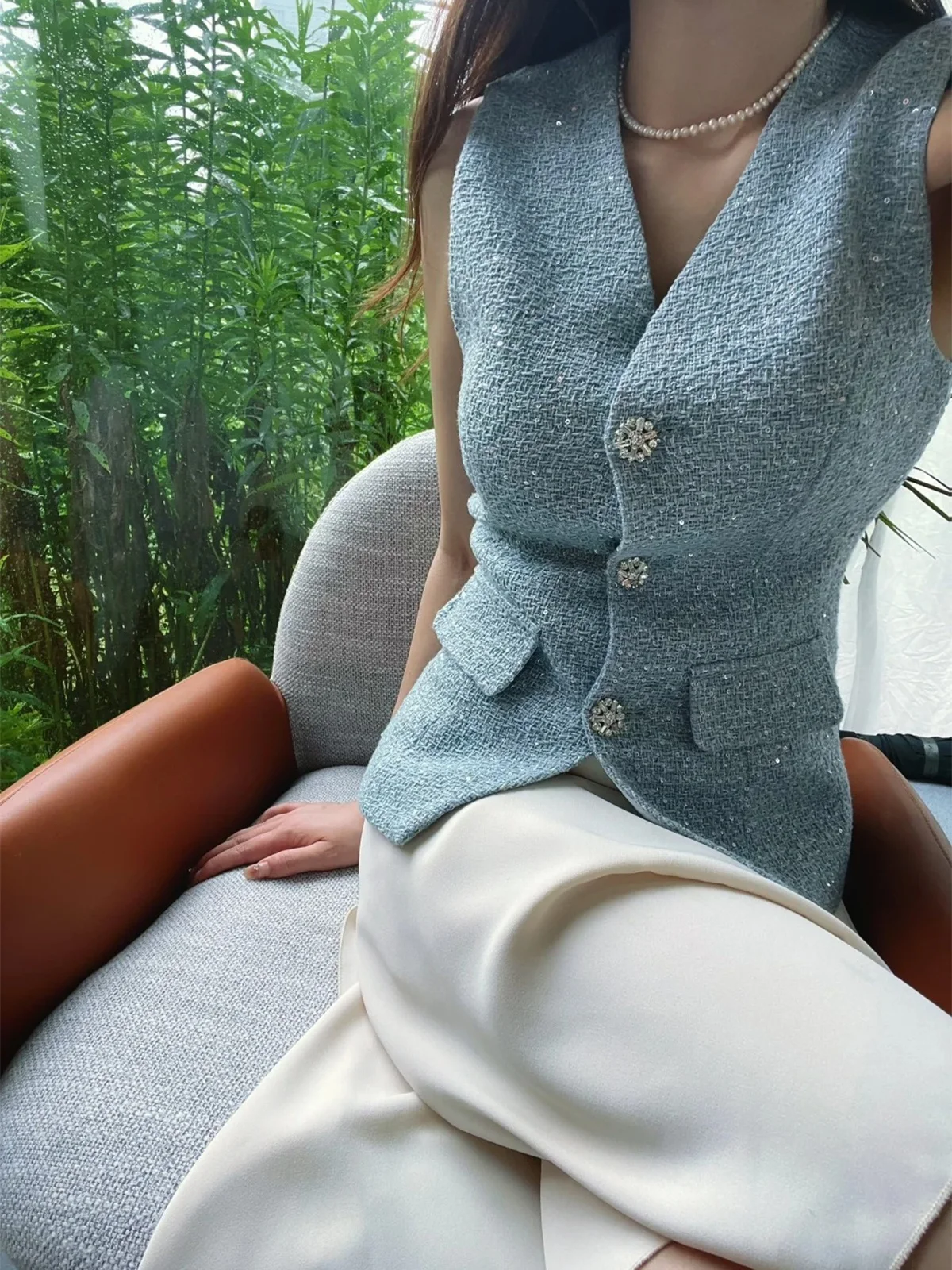 

YANGXIAOJING Роскошный комплект: жилет и юбка для офиса, стандартная длина, V-образный вырез, с легким эффектом согревания, одинарный слой