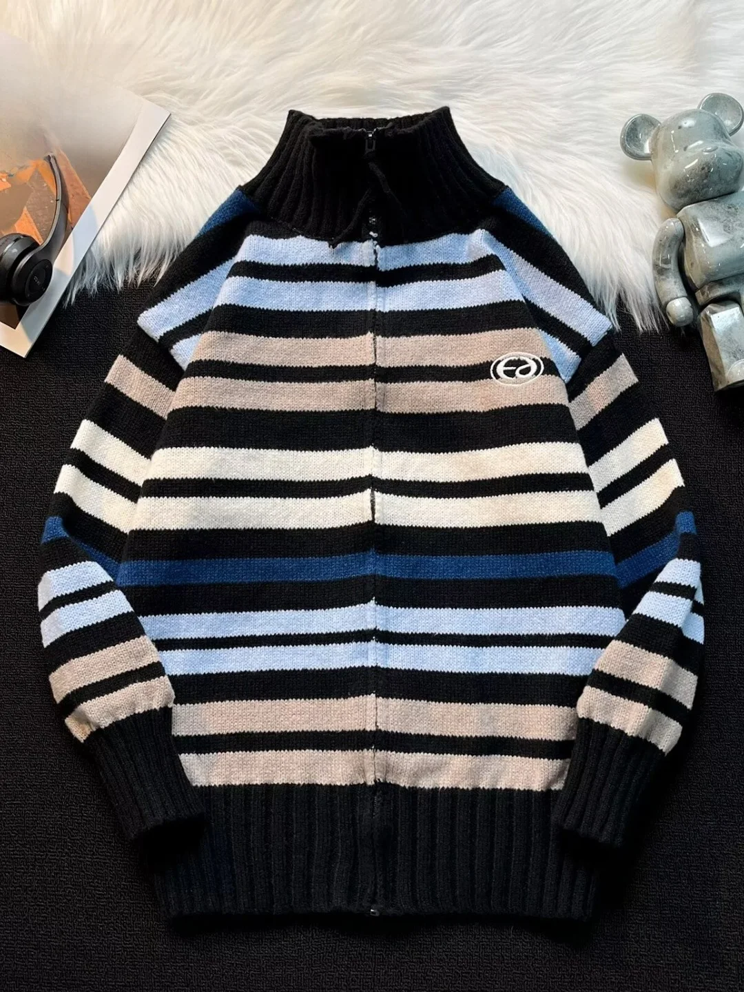 

Корейский свободный трикотаж для ленивой школы в полоску на молнии, женский осенне-зимний мягкий вязаный открытый кардиган с высоким воротником, топ