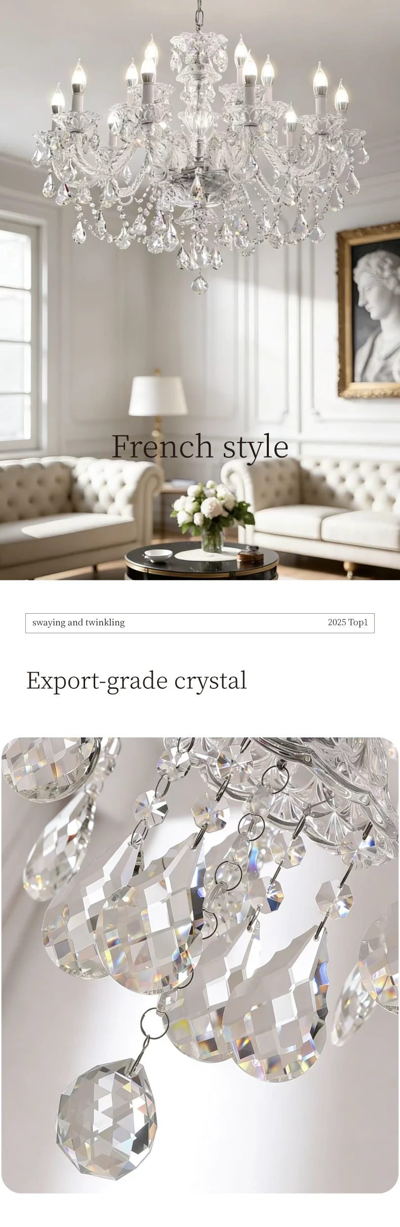 French Crystal Candle E14 Chandelier European