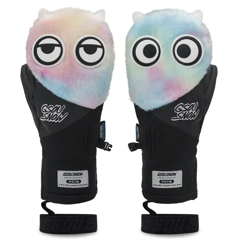 Women Cartoon Ski Gloves 2025 Waterproof Snowboard Outdoor Sports Glove Winter Warm Plush Mittens Men Wear-resistant Five Finger