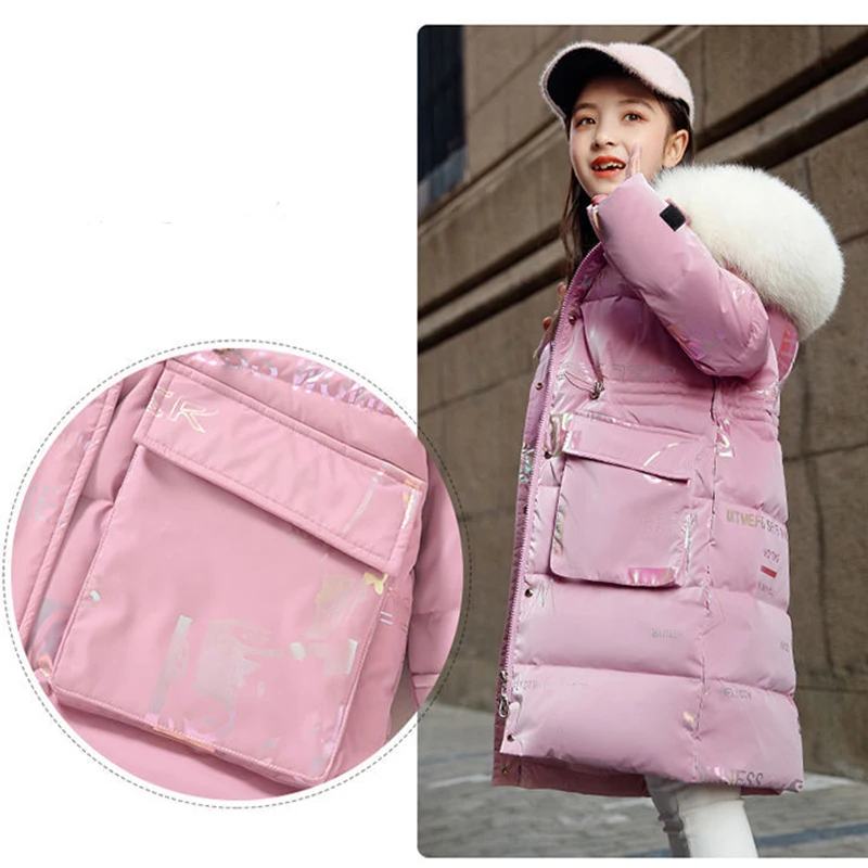 New 4-12 Years Fashion Winter Teenger Girls Jacket Hight Quality Heavy Keep Warm Large Fur Collar Hooded Coat For Kids