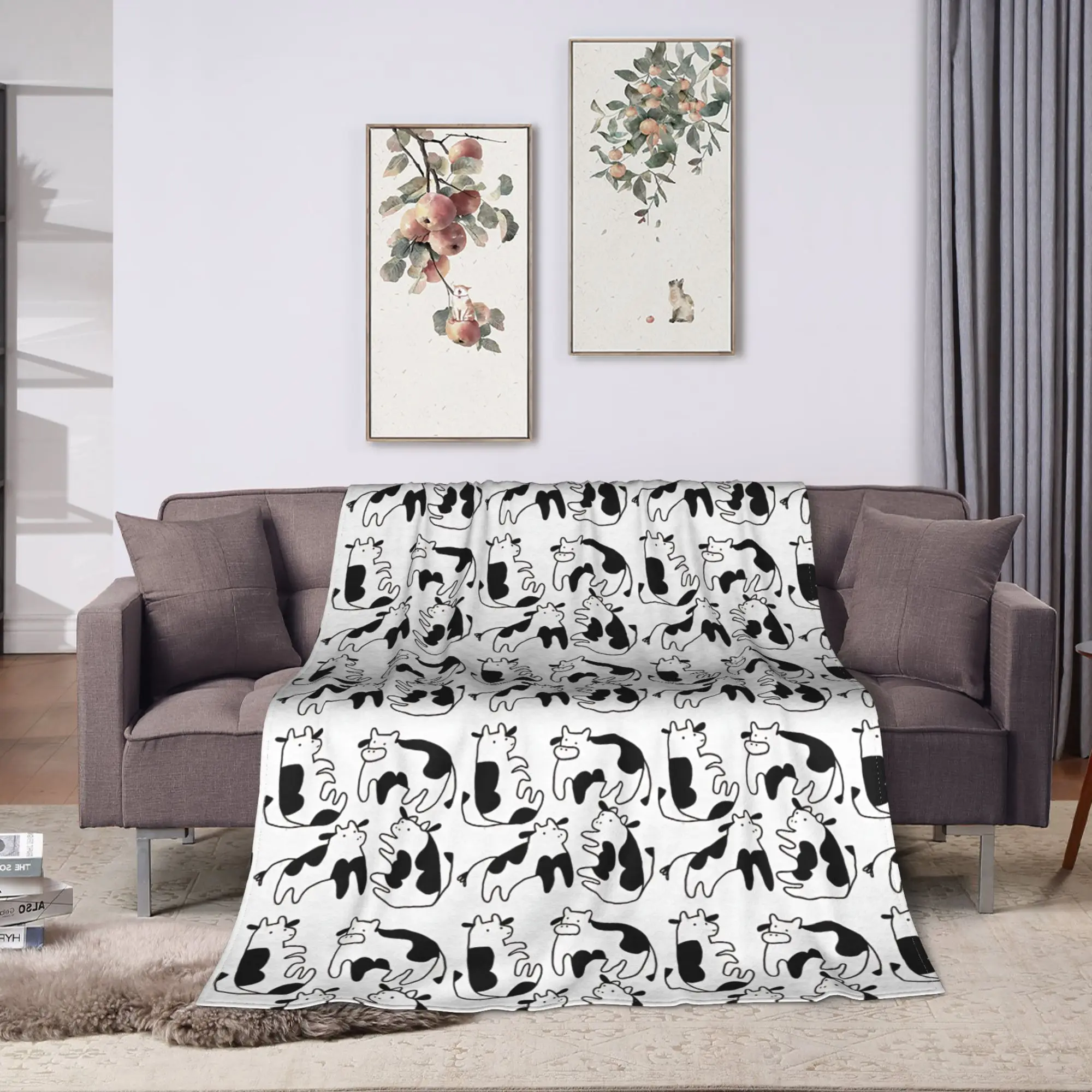 Simple Line Drawing Cartoon Cow Blanket Adults Child  Flannel Throw Blanket For Chair Sofa Bed Warm Soft DIY Quality Bedspread