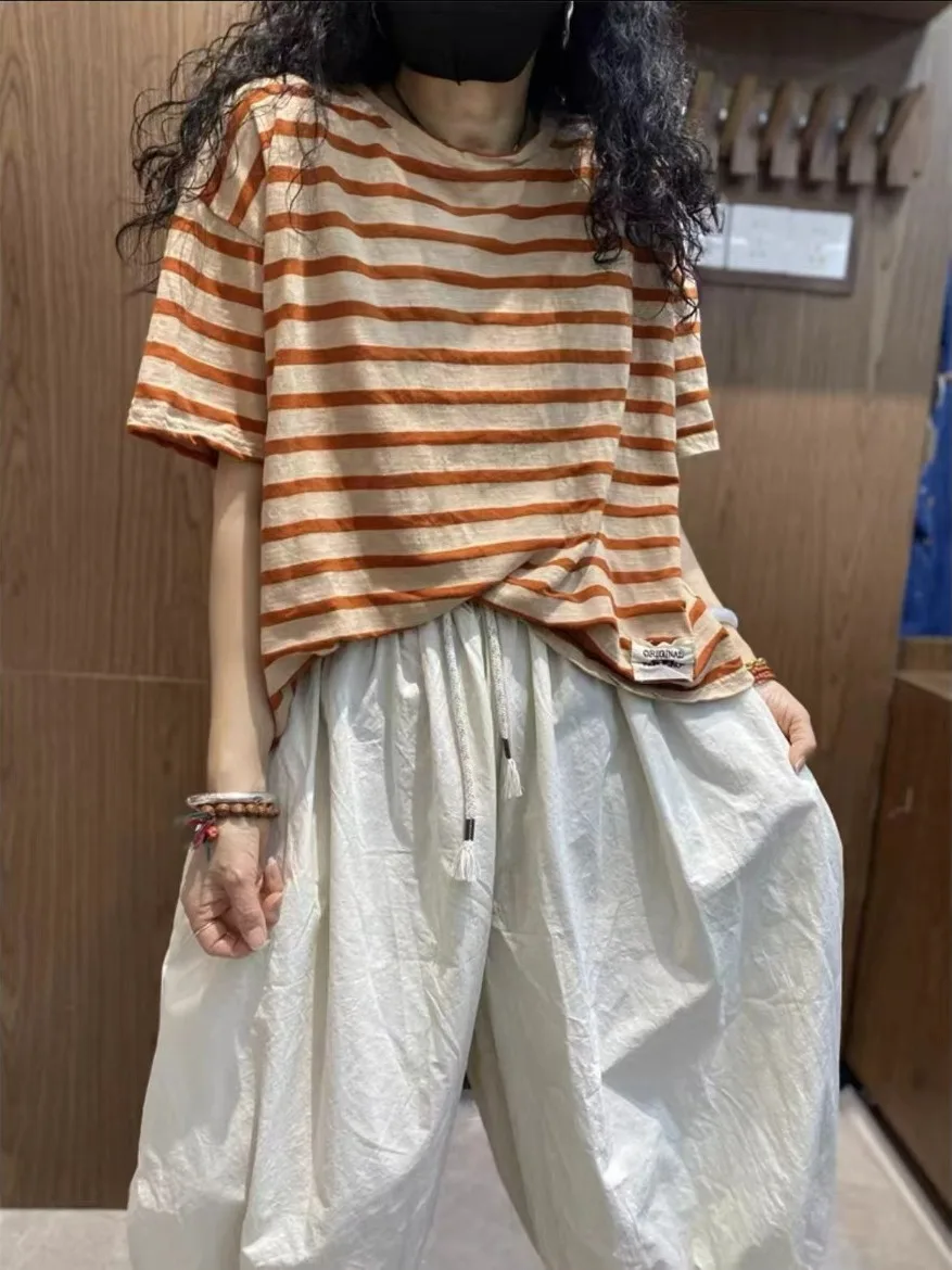 Women's Cotton Striped Short Sleeve T-Shirt Loose Fit round Neck Summer New Style Korean Version Color Block Slimming Top
