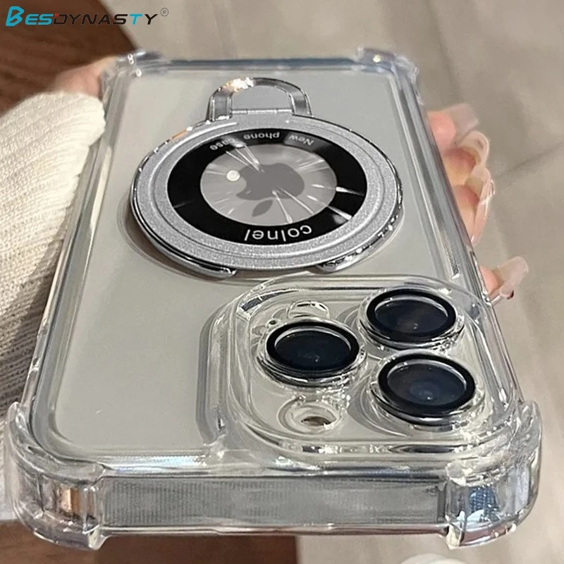 Luxury Shockproof Plating Soft TPU Bracket Phone Case for iPhone 17 Air 16 15 14 13 11 12 Pro Max Magsafe Magnetic Protect Cover