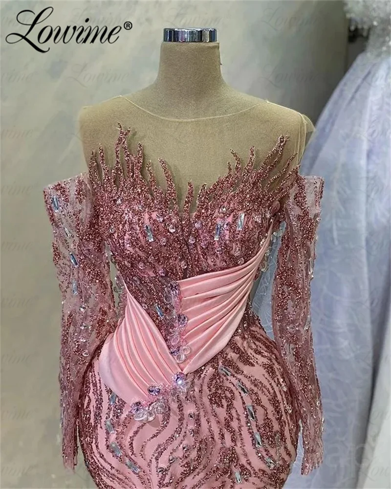 Roze Glitter Pailletten Vrouwen Avondjurken Plus Size Lange Mouwen Zeemeermin Arabische Feestjurk Voor Bruiloften Kristallen Prom Jurken