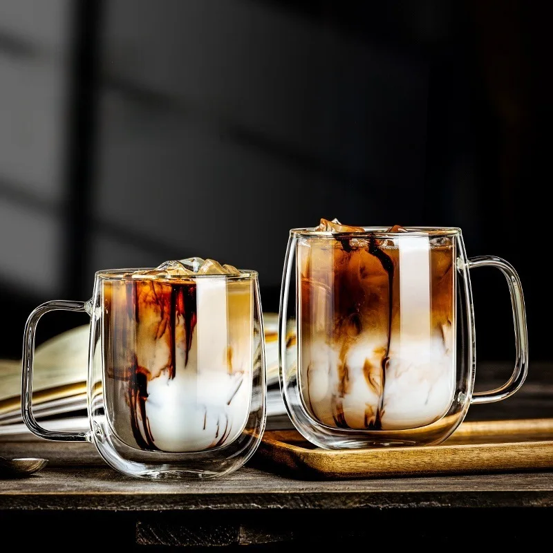 1pc Double Wall Glass Coffee Cup with Handle Insulated Glass Espresso Cups For Cold/Hot Drink Americano/Lattes/Tea/Juice/Milk