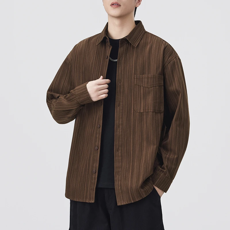 Autumn Japanese Streetwear Fashion Shirt Men Loose Casual Long Sleeve Stripe Cargo Shirts Coat Cityboy Cardigan Blouses Coat