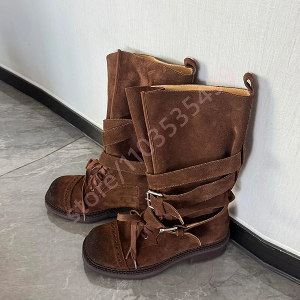 

Retro Round Belt Buckle Western Boots 2025 Autumn Thick Heel British Style Women's Knight Boots Black/brown Casual Short Boots