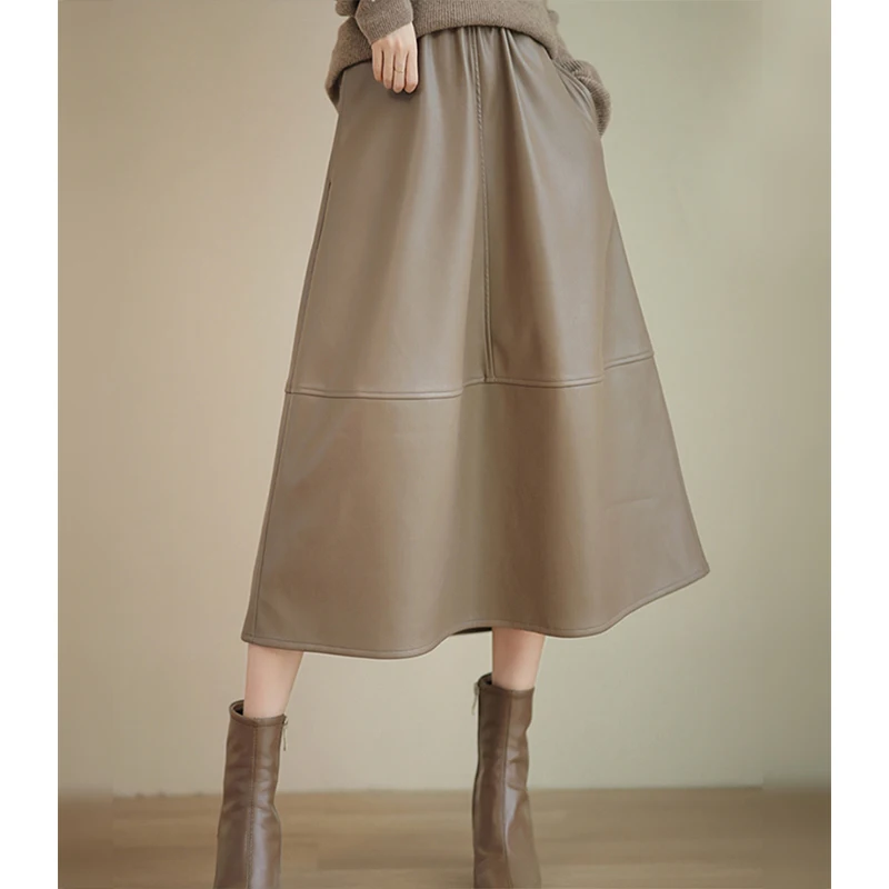 

Кожаная юбка из овчины с высокой талией, А-силуэт, миди, стройнящая, расклешенная, однотонная, повседневная, осенняя, модная