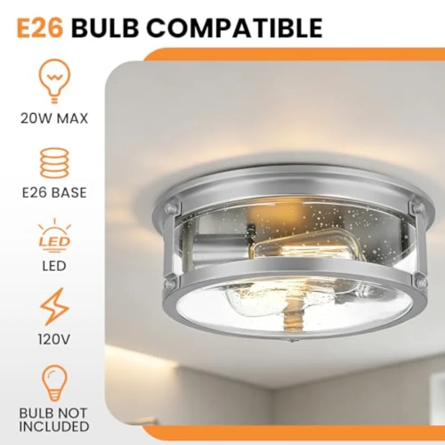 Flush Mount Ceiling Light, 2-Light Metal Cage Ceiling Light Fixture, Brushed Nickel Flush Mount Light with Seeded Glass Shade f