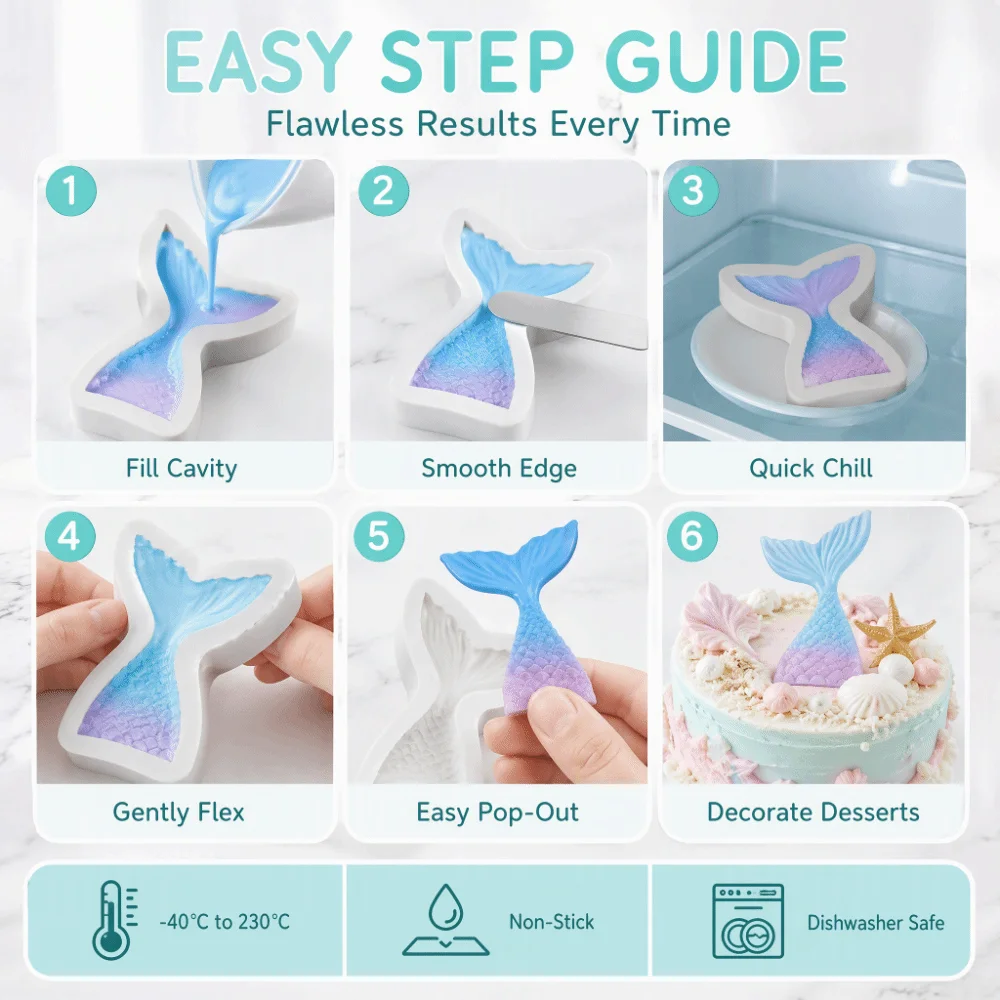 2PCS Liquid Silicone Mermaid Tail Mold Easy Cleaning Nonstick Marine Cake Decorating Mold Dishwasher Friendly Silicone Mold