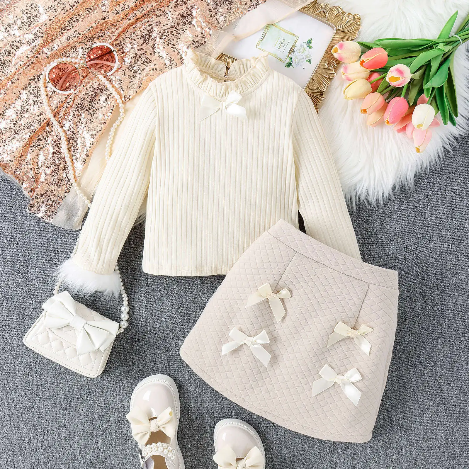 

Childrens Set Europe Beautiful Autumn Winter Flower Edge Collar Stripe Sleeve Tops Bow Knot Short Skirt Two Piece