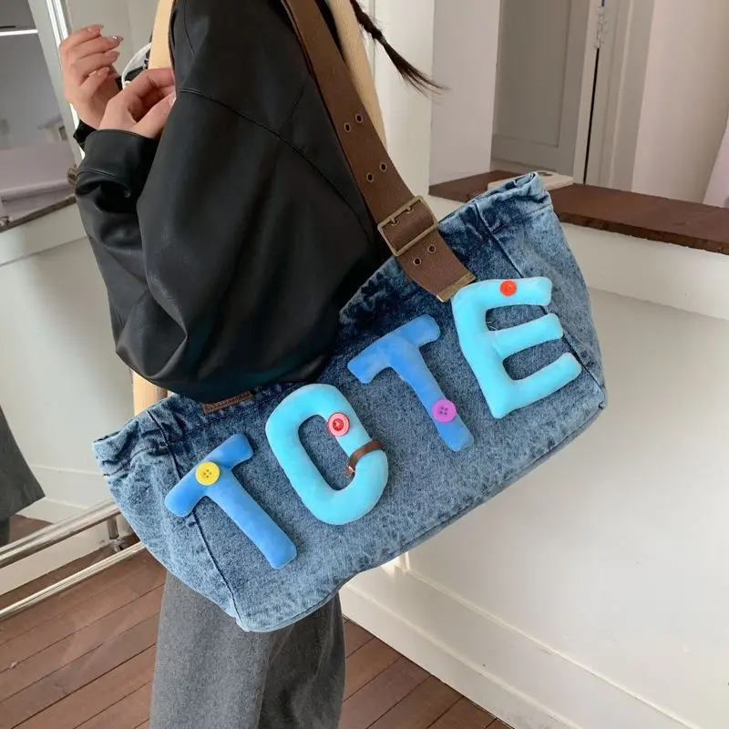 

Tote Bag Women Denim 3D Letter 2026 Fashion New Simple High-Capacity Shoulder Bag Handbag