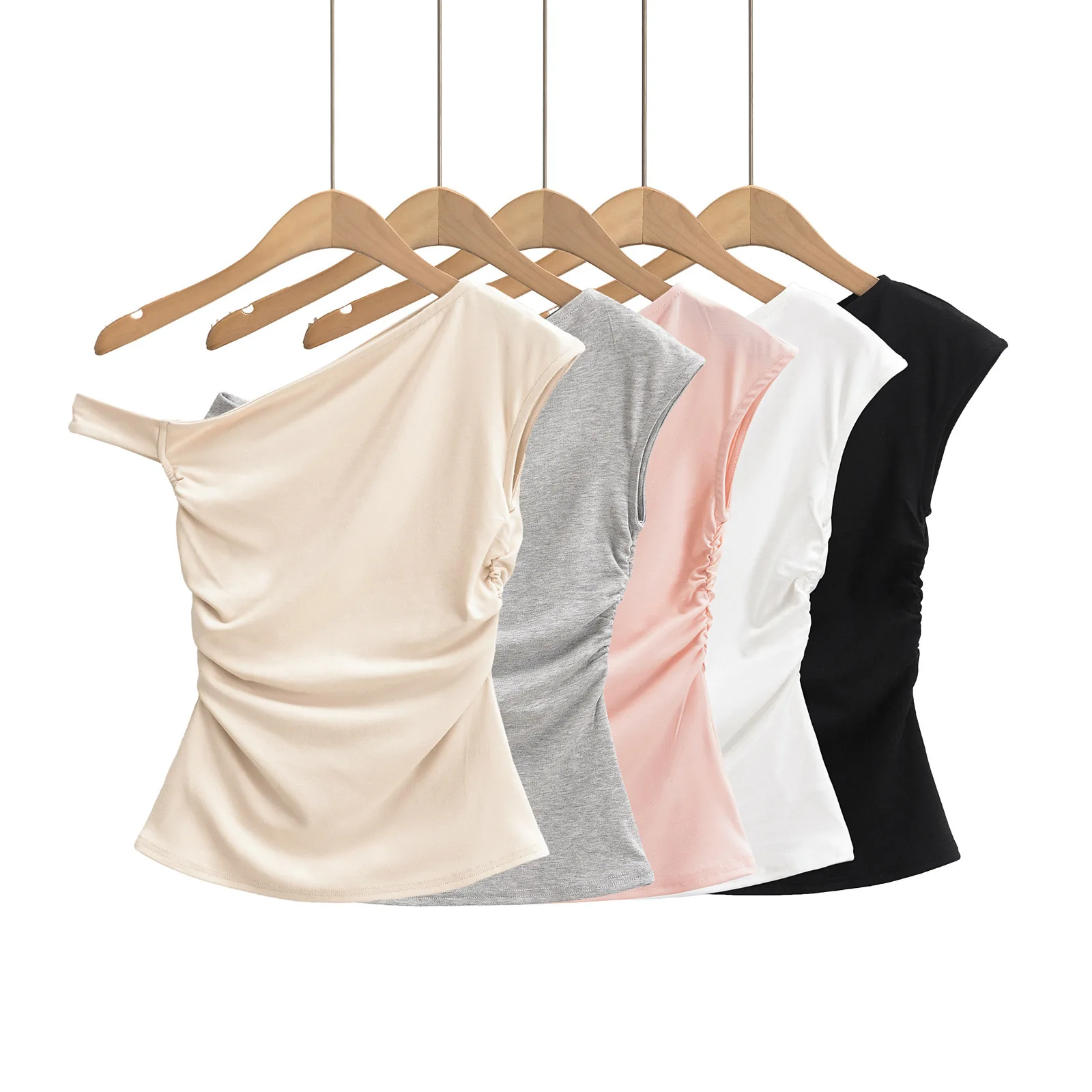 Sunset Women's Summer Vest 2025 Spring/Summer Design Asymmetrical Shoulder Ruched Waist-Cinching Irregular T-Shirt Top for PD14