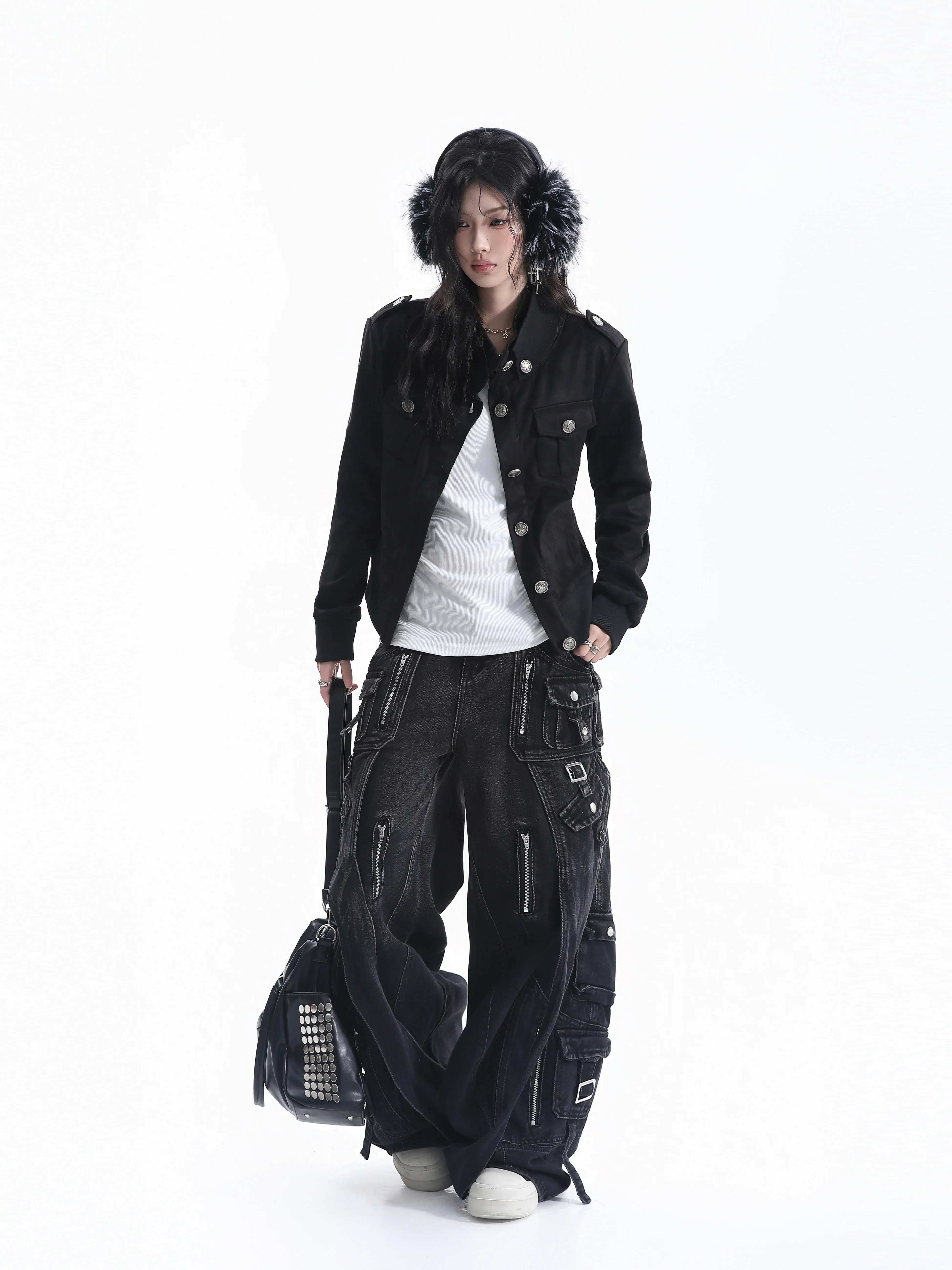 Retro American Style Short Workwear Jacket Women's Shoulder Length Stand Collar Functional Style Outerwear Cardigan