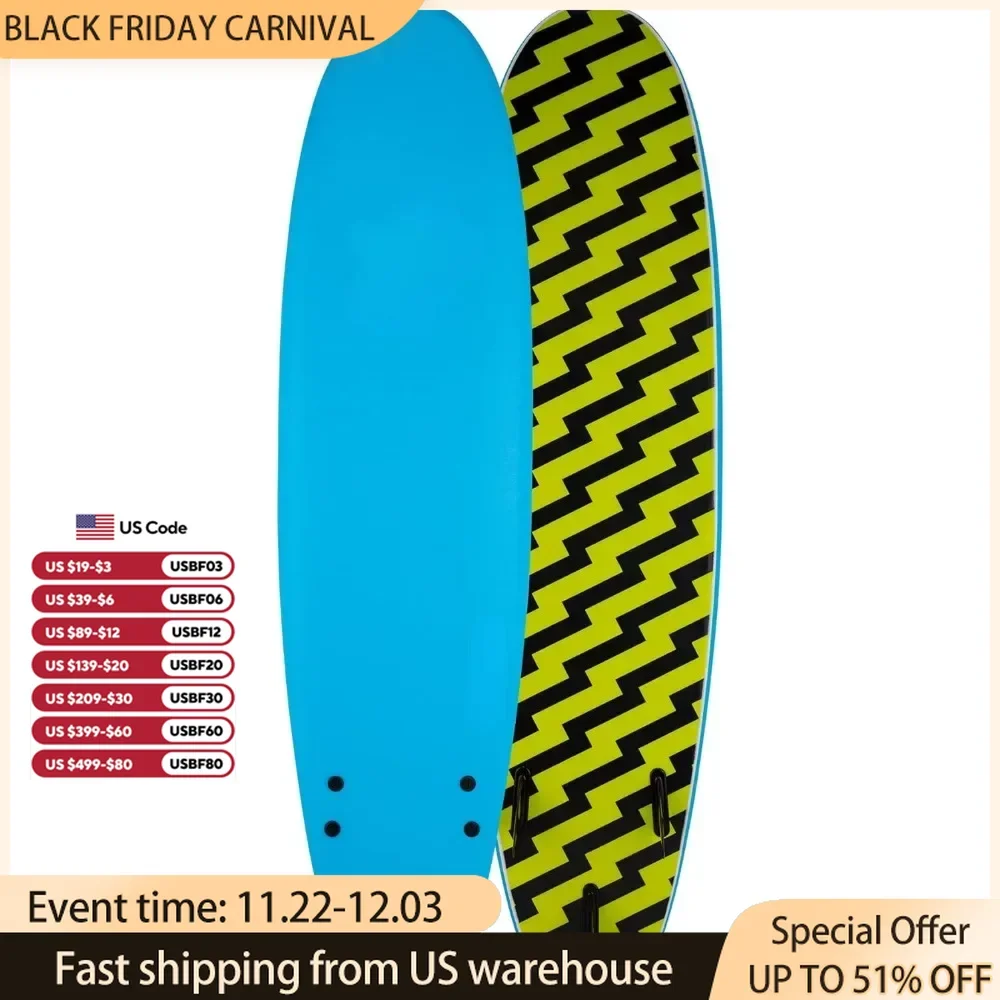 Surf Board 7'0, Blue Non-Slip Lightweight Foam Longboard for Beginner Double Maple Wood Stringers Core Surfboard Surf Board