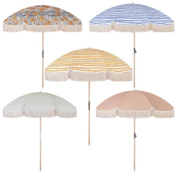 Custom Luxury Portable 8 Feet Vintage Boho Wooden Pole White Canvas Fringe Sun Outdoor Parasols Beach Umbrellas With Tassels