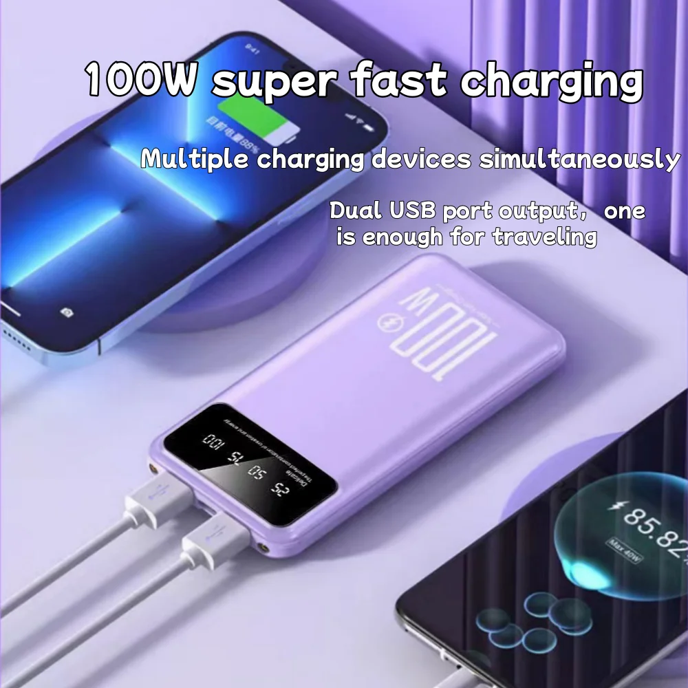 Power Bank 100w 100000mah Super Fast Charging With LED Lighting Portable External Power  For Iphone15 14 Samsung Xiaomi