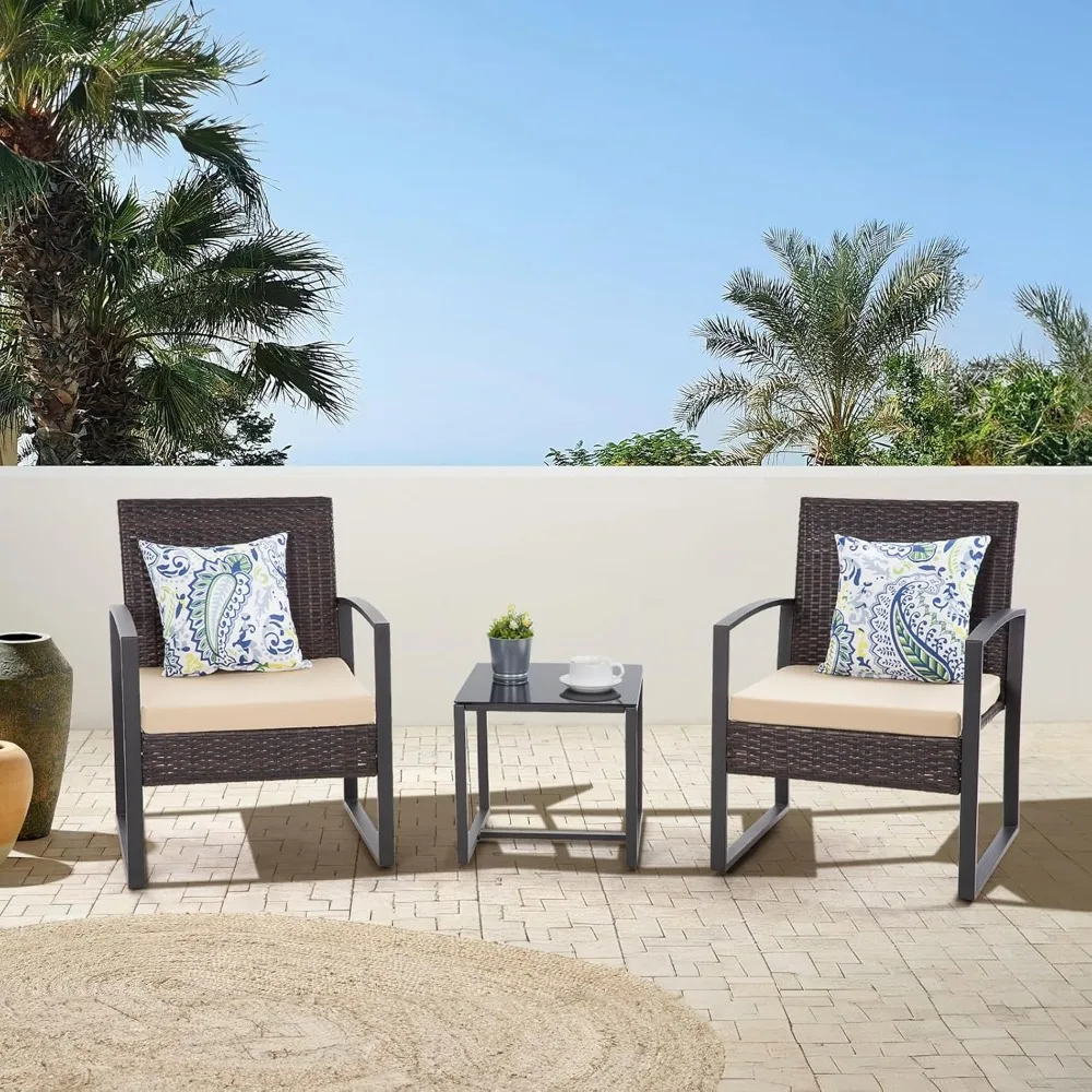 3PCS Patio Furniture Set, Outdoor Wicker Bistro Conversation Set with Padded Cushions & Glass Table, Garden Rattan Chair Set