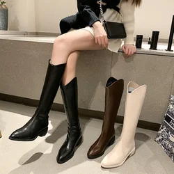 New Women Boots Female Zipper Simple Leather Pointed Toe Med Heels Autumn Winter Women Shoes Woman Knee High Boots Botas