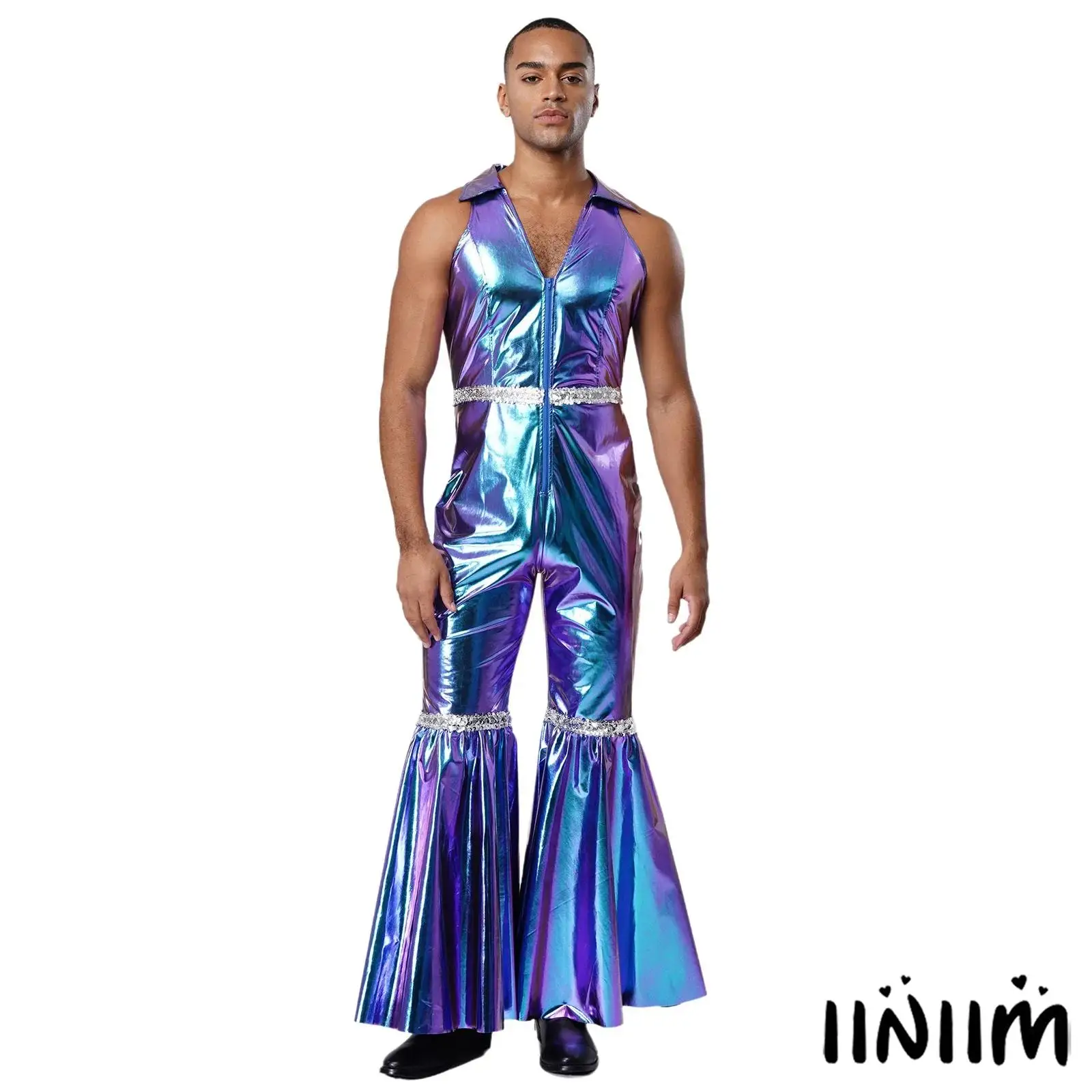 

Men 70 80s Disco Rompers Lapel V Neck Sleeveless Front Zipper Sequins Bell Bottom Long Pants Jumpsuit for Retro Party Jazz Dance