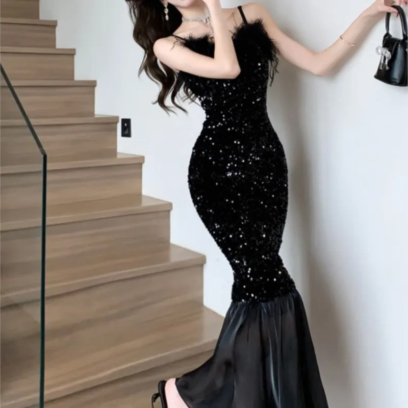 

Elegant Sequined Evening Dress Women's Velvet Slip Black Beautiful Fishtail Sheath