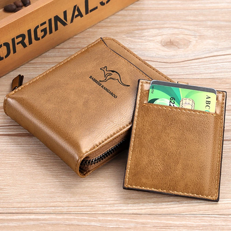 Leather Wallet	for Men Fashion Cardholder Men's	Luxury Designer Purse with Zipper	Card Holder Short Money Bag Man Gift Mens