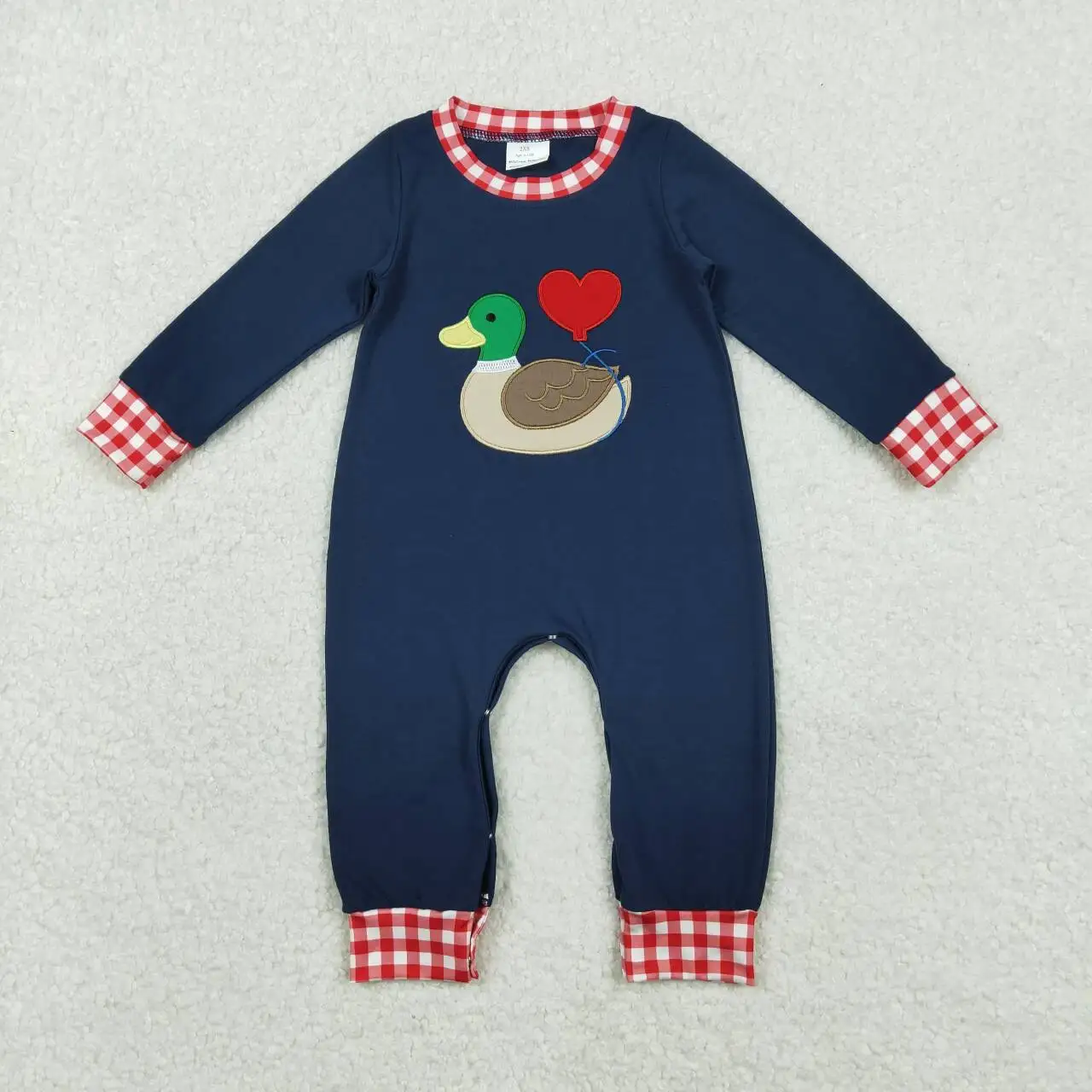 

Sibling Valentine's Day Baby Romper with Embroidered Heart Ducks Long Sleeve Ruffle Footie Collar Design Blue Color for Infants
