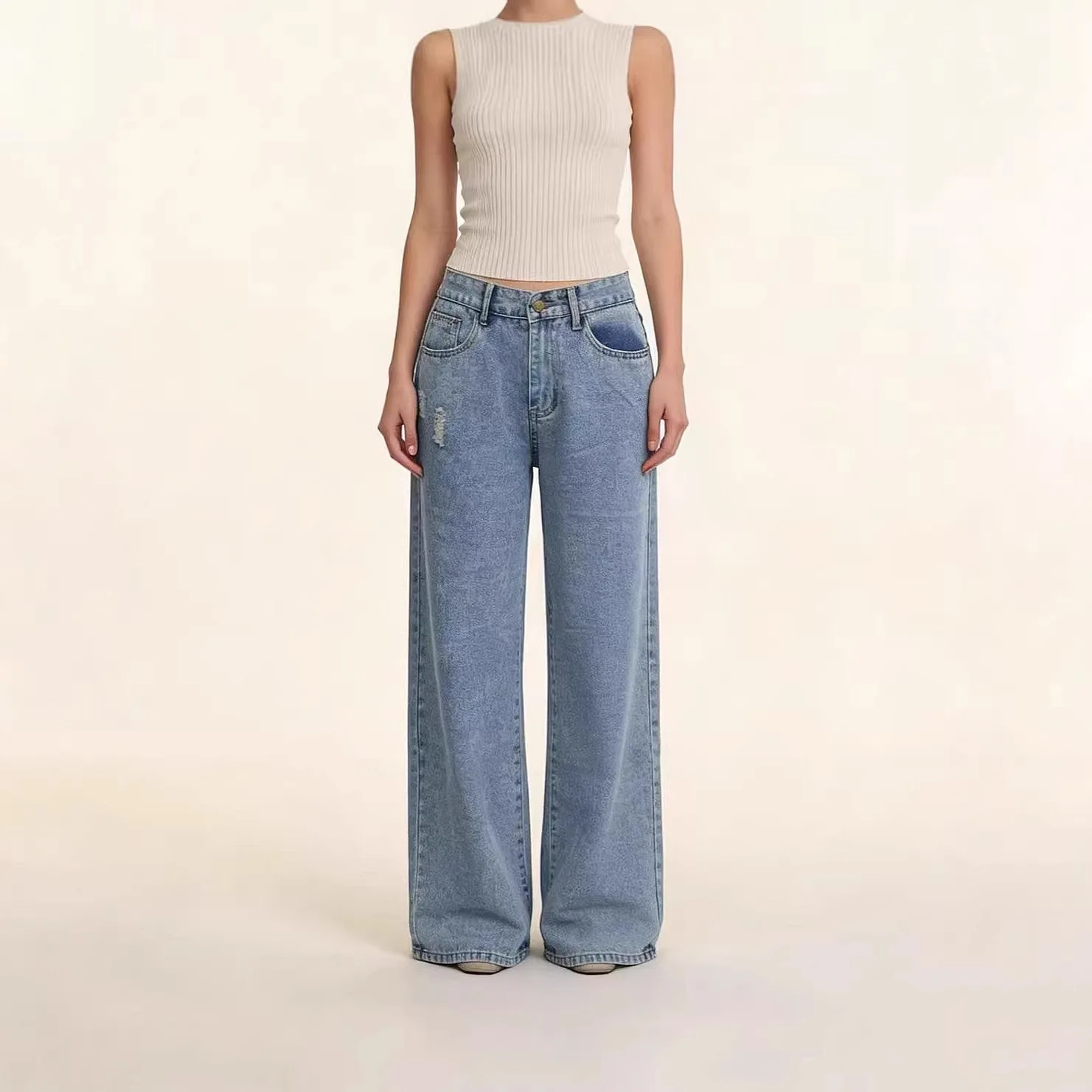 European and American cross-border source factory high waist straight tube casual and thin personalized fashion women's jeans